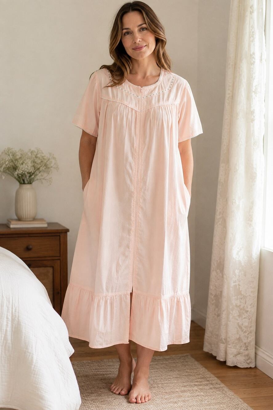 Petite Large NWT 100% Cotton Pink Lace Trim Zip Front House Dress Nightgown